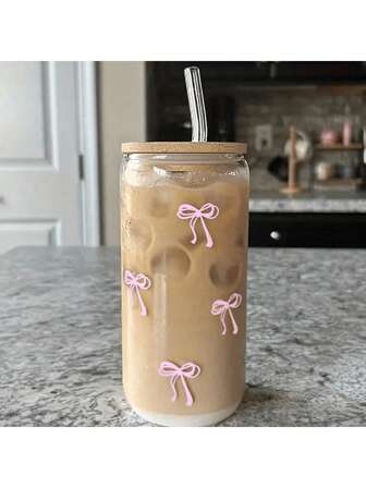 1pc 16oz Transparent Coffee Cup With Bowknot Design, Comes With Bamboo Lid And Straw, Large Capacity Outdoor Travel Portable Beverage/Juice Cup, Suitable For Summer & Winter, Birthday/Holiday Party Gift, Christmas Gift Glass Water Bottle