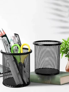 Iron Mesh Pen Holder, Desktop Decor Storage Cup, Creative Hollow Metal Desk Organizer, Colorful Round Stationery Pen Pot For Students - Multicolor - View 20