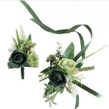 1pc Set Elegant Dark Green Rose Corsage Set, Artificial Green Plant - Suitable For Wedding And Party Attire, Artificial Flower Brooch, Wristband, Prom, Wedding Accessories - Multicolor - View 4