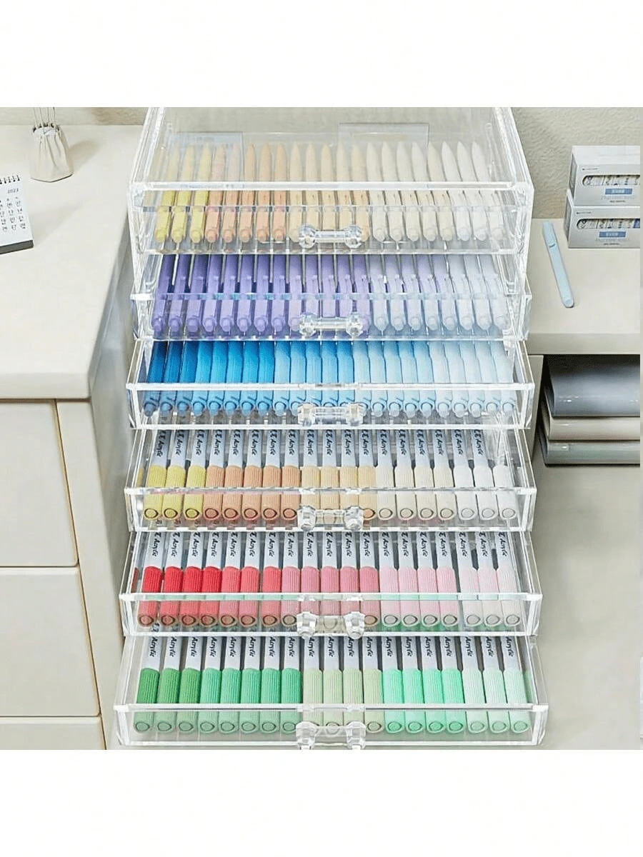 1 件透明塑料抽屉式桌面收纳盒 - 可容纳钢笔、铅笔和马克笔、创意学生铅笔架、胶带座、多功能整洁办公用品、学校用品、返校