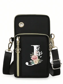 1个花卉字母印花迷你斜挎手机包，零钱包，邮差包，迷你休闲斜挎手机袋，带耳机孔，便携式斜挎包，运动臂带和腕带，带拉链口袋，适合时尚白领、大学生、商务人士、通勤族、办公室使用，是送给妈妈、爱人、朋友的绝佳礼物