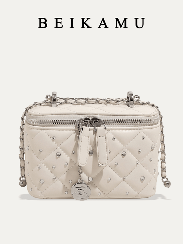 BEIKAMU Fashion Solid Quilted Diamond Pattern Box Bag, Zipper Closure Metal Chain Strap Women's Shoulder Bag, Elegant Everyday Commuter & Shopping Handbag