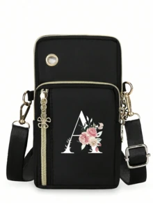 1个花卉字母印花迷你斜挎手机包，零钱包，邮差包，迷你休闲斜挎手机袋，带耳机孔，便携式斜挎包，运动臂带和腕带，带拉链口袋，适合时尚白领、大学生、商务人士、通勤族、办公室使用，是送给妈妈、爱人、朋友的绝佳礼物