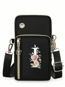 1个花卉字母印花迷你斜挎手机包，零钱包，邮差包，迷你休闲斜挎手机袋，带耳机孔，便携式斜挎包，运动臂带和腕带，带拉链口袋，适合时尚白领、大学生、商务人士、通勤族、办公室使用，是送给妈妈、爱人、朋友的绝佳礼物