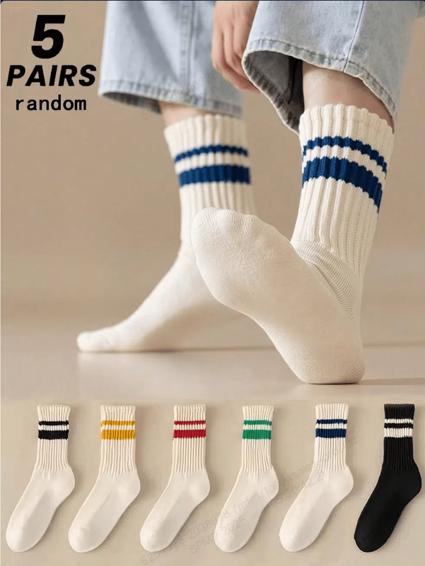 5 Pares de calcetines medianos de hombres en surtido aleatorio, calcetines deportivos estilo Ins, calcetines largos que absorben la humedad con rayas y letras, estilo callejero japonés, adecuados para el uso diario