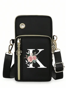 1个花卉字母印花迷你斜挎手机包，零钱包，邮差包，迷你休闲斜挎手机袋，带耳机孔，便携式斜挎包，运动臂带和腕带，带拉链口袋，适合时尚白领、大学生、商务人士、通勤族、办公室使用，是送给妈妈、爱人、朋友的绝佳礼物