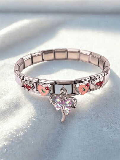 1pc French Elegant Stainless Steel Freely Combinable Heart & Bow Bracelet Set, Friend Gift, Unisex, Sister Gift, Women Gift, Mother's Day Gift, Suitable For Daily Outfit, Best Choice For Daily Matching