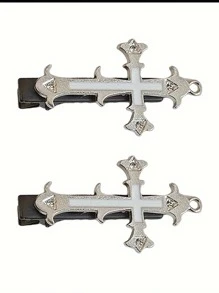 Vintage Punk Cross Hair Clips - Halloween Metal Duckbill Hair Clips, Y2K Style Side And Ombre Accessories, Cool Style, Diablo Style, Lace Cross Hair Clips Gothic Style Punk, Graduation Season Party