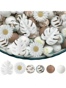 Juego de 25/30/33/34 piezas de cuentas de silicona, adecuado para hacer joyas DIY - Cuentas de enfoque para bolígrafos, collares y llaveros - Juego de cuentas de regalo artesanal, apropiado para hacer joyas, cuentas espaciadoras - Serie de hojas DIY - Ver 18