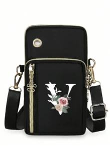1个花卉字母印花迷你斜挎手机包，零钱包，邮差包，迷你休闲斜挎手机袋，带耳机孔，便携式斜挎包，运动臂带和腕带，带拉链口袋，适合时尚白领、大学生、商务人士、通勤族、办公室使用，是送给妈妈、爱人、朋友的绝佳礼物