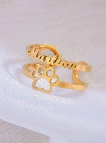 Anel aberto de aço inoxidável com nome, design de pata de cachorro oco e estilo fashion personalizado, elegante e simples, adequado para uso diário, presente para família e amigos, aniversário, feriados, volta às aulas, formatura