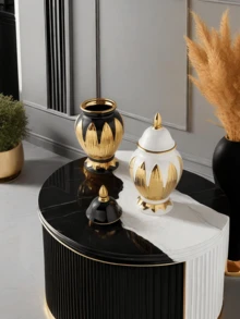 1 chiếc bình gốm đen vàng đường kính lớn có nắp, cũng có sẵn bình gốm trắng vàng không nắp, thích hợp cho phòng khách, phòng ăn, tiền sảnh, kệ bàn, có thể dùng làm bình cắm hoa, phù hợp với nhiều mục đích sử dụng. - Nhiều màu - Xem 3