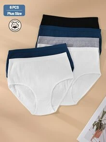 Teowryxou 6 Stücke Damen Große Größen Hohe Taille Baumwolle Gestreift & Einfarbig Höschen, Weich Atmungsaktiv Bequem für den Alltag, Dehnbare Unterwäsche - Verschiedenfarbig - Übersicht 3