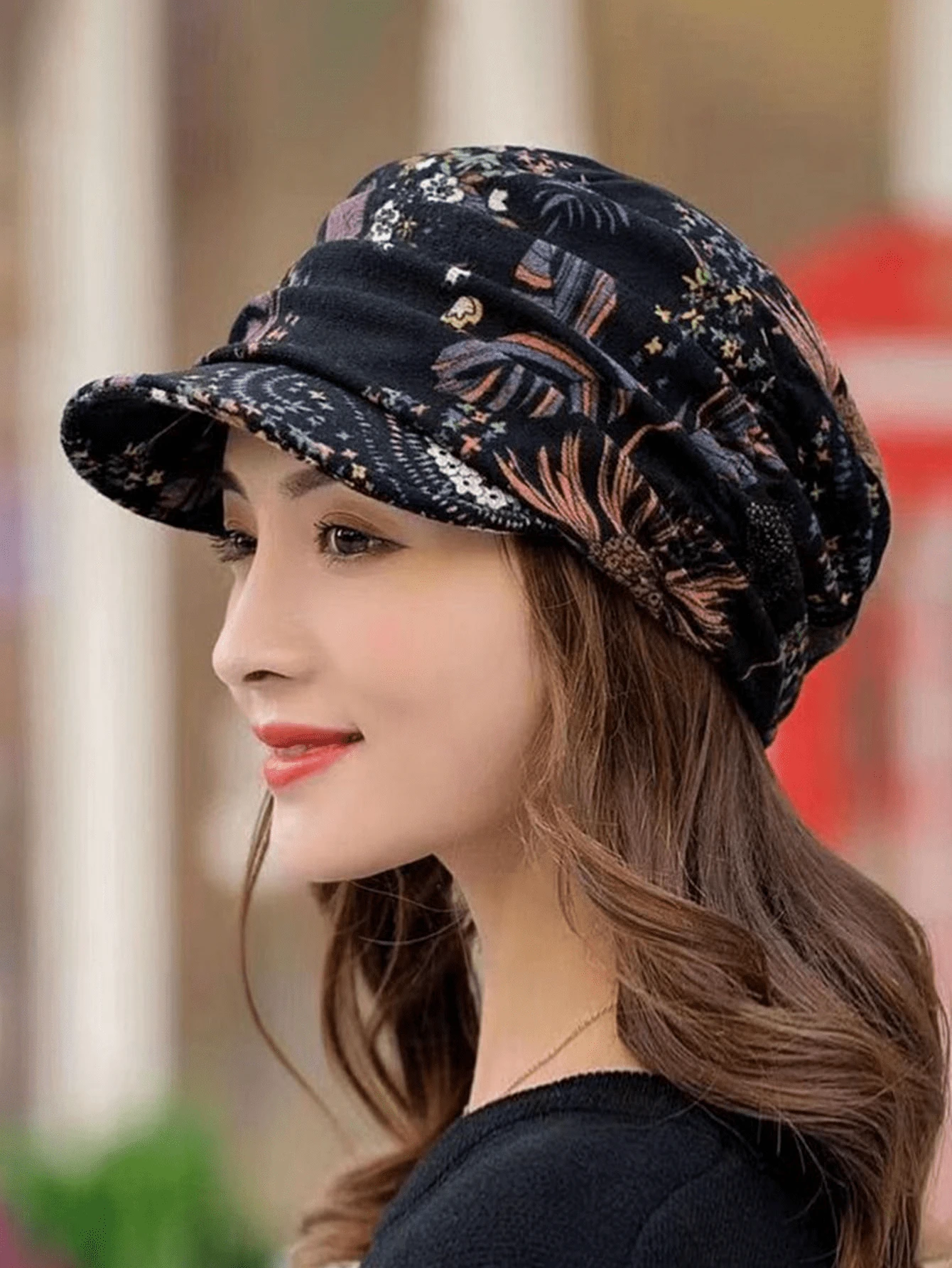 1件復古花卉印花報童帽，經典抓皺尖頂帽，女款輕量貝雷帽風格帽子，秋冬時尚配件禮物