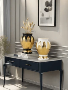 1 chiếc bình gốm đen vàng đường kính lớn có nắp, cũng có sẵn bình gốm trắng vàng không nắp, thích hợp cho phòng khách, phòng ăn, tiền sảnh, kệ bàn, có thể dùng làm bình cắm hoa, phù hợp với nhiều mục đích sử dụng. - Nhiều màu - Xem 4