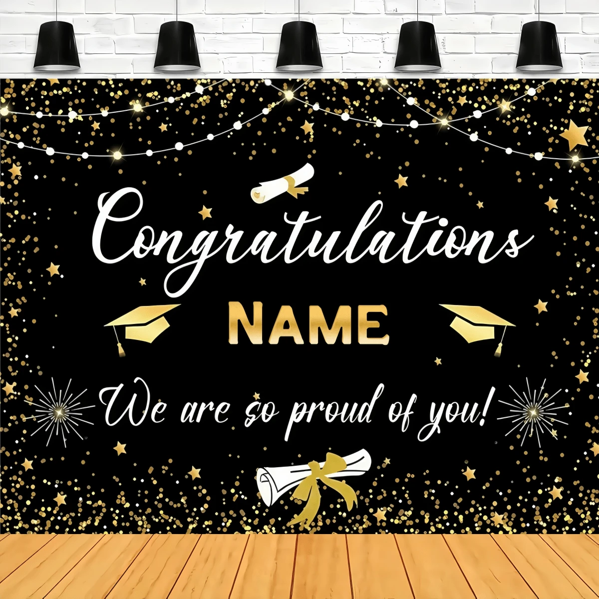 1pc Customizable 2025 Graduation Party Banner, Polyester Grad Cap With Black And Gold Backdrop Design, Personalized Name Graduation Decor Banner, Suitable For High School/College Classroom, Home, Wall, Outdoor Garage, Yard, Sign Decoration