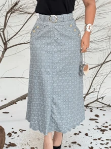 Embroidered Maxi Midi Leather Skirt With Elegant Formal Belt
