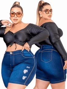Kit 2 Bermudas Feminina Plus Size Jeans Com Lycla (Elastano) Modelo Meia Coxa