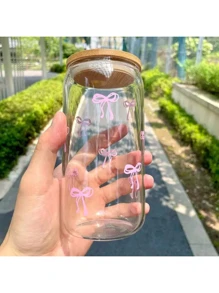 1pc 16oz Transparent Coffee Cup With Bowknot Design, Comes With Bamboo Lid And Straw, Large Capacity Outdoor Travel Portable Beverage/Juice Cup, Suitable For Summer And Winter, Birthday/Holiday Party Gift, Christmas Gift Glass Water Bottle