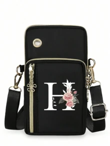 1个花卉字母印花迷你斜挎手机包，零钱包，邮差包，迷你休闲斜挎手机袋，带耳机孔，便携式斜挎包，运动臂带和腕带，带拉链口袋，适合时尚白领、大学生、商务人士、通勤族、办公室使用，是送给妈妈、爱人、朋友的绝佳礼物