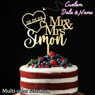 Customized "Mr. & Mrs." Heart-Shaped Acrylic Wedding Cake Topper, Can Be Engraved With Names And Date, Ideal Wedding Anniversary Gift For Newlyweds, Friends, And Relatives, Also Best Choice For Parties, Decorations, And Gifts