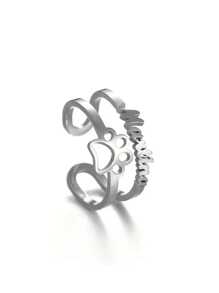 Anel aberto de aço inoxidável com nome, design de pata de cachorro oco e estilo fashion personalizado, elegante e simples, adequado para uso diário, presente para família e amigos, aniversário, feriados, volta às aulas, formatura