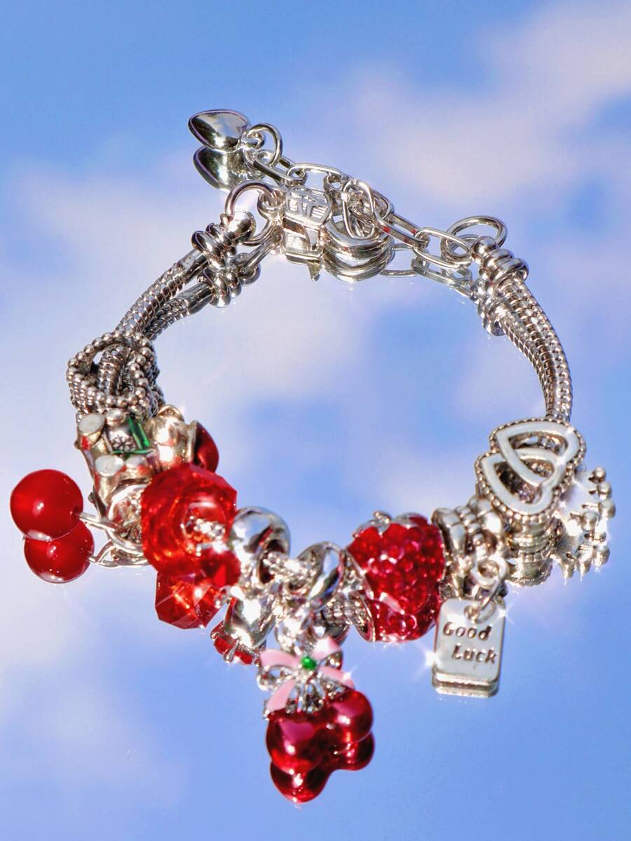 1 件红樱桃串饰手链、可爱草莓 DIY 手链、Y2K 复古心形手链、可爱泰迪熊串饰手链