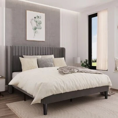 Cabecero para cama  tapizado, modelo  Camile  respaldo alto diseño en lineas y aleta lateral