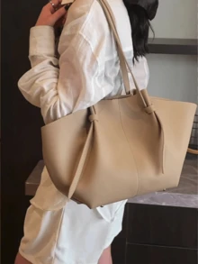 大容量手提包，压纹皮革外观，简约设计，通勤和工作两用，带小袋的2件套 新款时尚手提包，大容量，简约纯色设计，优雅，妈妈的单肩包/手提包 高端腋下手提包，大容量购物篮包 - 彩色 - 查看 4