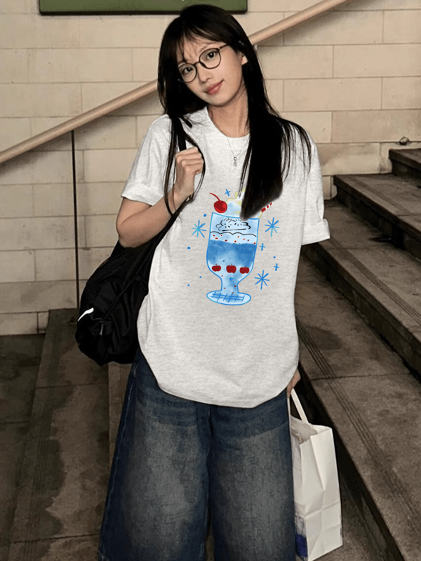 Loose Casual Pure Cotton T-Shirt, Cartoon Print Short Sleeve, Niche Design, Petite Fit, Women Top