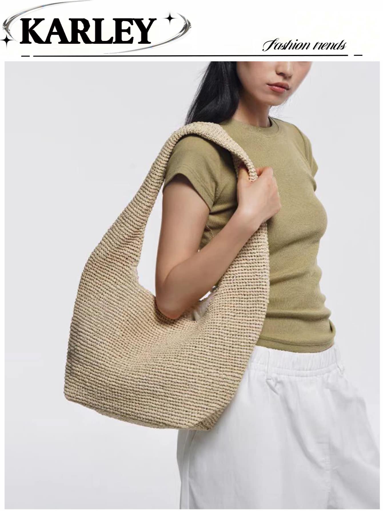 1个PU皮革女士手提包，时尚压纹水桶包，简约编织托特包，大容量单肩/腋下包，草编沙滩包 - 黑色 - 查看 1