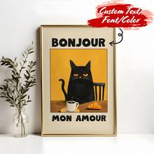 Custom Canvas Wall Art, Customizable Cat Artwork - 'Bonjour Mon Amour' Wall Decor For Cat Lovers, Home Decor, Or Gift Ideas - Personalized Frameless Canvas Print With Customizable Text, Font, And Color - Perfect For French Culture Enthusiasts And Kitty Lovers - Multicolor - View 2