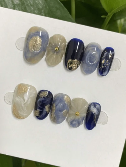 10pcs Handmade Short Square & Round Nail Stickers, Blue & Green Tie Dye 3D Lace Nail Art Stickers, Suitable For Girls/Women, Reusable, Applicable For Weddings, Parties, Holidays, Can Be Given As Gifts. Nail Tool Kit, Press-On Nail Stickers. Nails