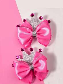 2pcs Pink Polyester Hair Clips With Silver Edges, Crown Shaped With Crystal Rhinestone Inlaid, Ideal Gift, Suitable For Party, Casual, Daily Use, Hair Accessories For Girls - Multicolor - View 6