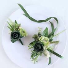 1pc Set Elegant Dark Green Rose Corsage Set, Artificial Green Plant - Suitable For Wedding And Party Attire, Artificial Flower Brooch, Wristband, Prom, Wedding Accessories - Multicolor - View 2