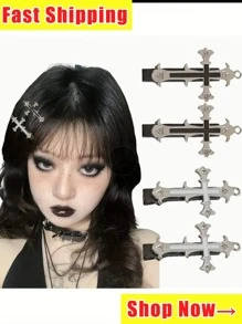Vintage Punk Cross Hair Clips - Halloween Metal Duckbill Hair Clips, Y2K Style Side And Ombre Accessories, Cool Style, Diablo Style, Lace Cross Hair Clips Gothic Style Punk, Graduation Season Party