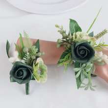 1pc Set Elegant Dark Green Rose Corsage Set, Artificial Green Plant - Suitable For Wedding And Party Attire, Artificial Flower Brooch, Wristband, Prom, Wedding Accessories - Multicolor - View 6