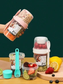1PC Creative Double-Layer Salad Cup, Oatmeal Cup With Spoon And Lid, Low-Fat Milk Cup, Yogurt Cup, Portable Fruit And Vegetable Milk Cup, Cup, Water Cup, Pearl Milk Tea Cup, Coffee Cup, Suitable For Picnic Camping Portable Cup, School Supplies, Unique Gift