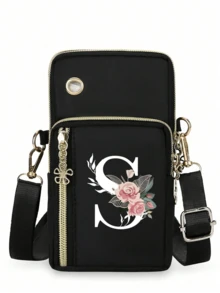 1个花卉字母印花迷你斜挎手机包，零钱包，邮差包，迷你休闲斜挎手机袋，带耳机孔，便携式斜挎包，运动臂带和腕带，带拉链口袋，适合时尚白领、大学生、商务人士、通勤族、办公室使用，是送给妈妈、爱人、朋友的绝佳礼物