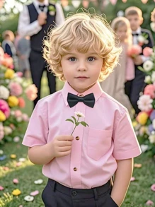 Camisa casual de manga corta de unicolor para niños con cuello de moño, adecuada para uso casual, al aire libre, bodas, festivales, escuela, estilo caballero, verano