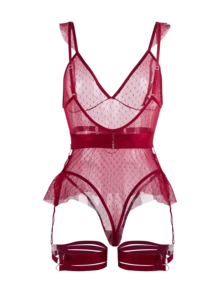 女士性感内衣套装聚拢吊袜带钢托文胸花朵刺绣2件套 - 酒紅 - 查看 2