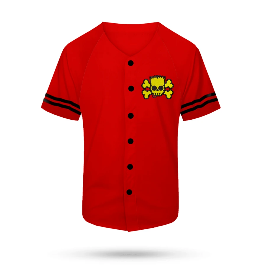 Jersey Casaca Beisbol Deporte Bordada Baseball unisex hombre tela ligera fresca bordado calidad con botones costura resistente equipos lineas BART CALAVERA SKULL - Rojo - Ver 1