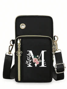 1个花卉字母印花迷你斜挎手机包，零钱包，邮差包，迷你休闲斜挎手机袋，带耳机孔，便携式斜挎包，运动臂带和腕带，带拉链口袋，适合时尚白领、大学生、商务人士、通勤族、办公室使用，是送给妈妈、爱人、朋友的绝佳礼物