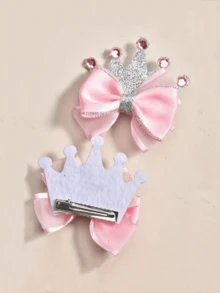 2pcs Pink Polyester Hair Clips With Silver Edges, Crown Shaped With Crystal Rhinestone Inlaid, Ideal Gift, Suitable For Party, Casual, Daily Use, Hair Accessories For Girls - Multicolor - View 7