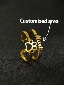 Anel aberto de aço inoxidável com nome, design de pata de cachorro oco e estilo fashion personalizado, elegante e simples, adequado para uso diário, presente para família e amigos, aniversário, feriados, volta às aulas, formatura