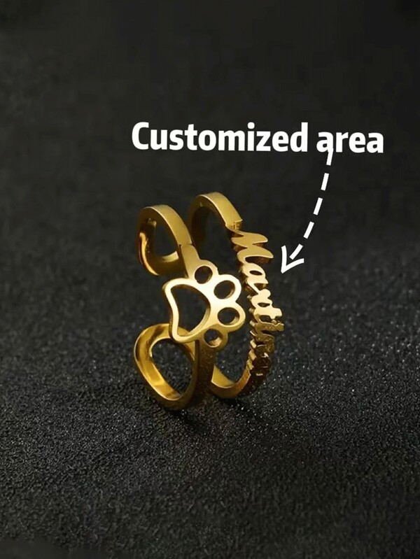 A Customized Fashion Cute Hollow Dog Paw Stainless Steel Name Open Ring, Exquisite And Simple Fashion , Suitable For Daily Wear, Gift To Family And Friends, Birthday Holiday Party Back To School Graduation Gift