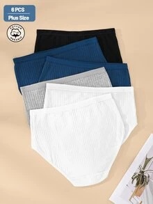 Teowryxou 6 Stücke Damen Große Größen Hohe Taille Baumwolle Gestreift & Einfarbig Höschen, Weich Atmungsaktiv Bequem für den Alltag, Dehnbare Unterwäsche - Verschiedenfarbig - Übersicht 4