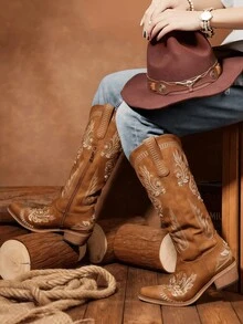 Stylish Dark Brown Boots Cowgirl Outfits For Women Knee High Exquisite Country Concert Embroidery Pointed Toe Half Side Zipper Block Mid Heel Music Festivals Party Bar Concerts Dressy Long Combat Boots For Women - 棕色 - 查看 4