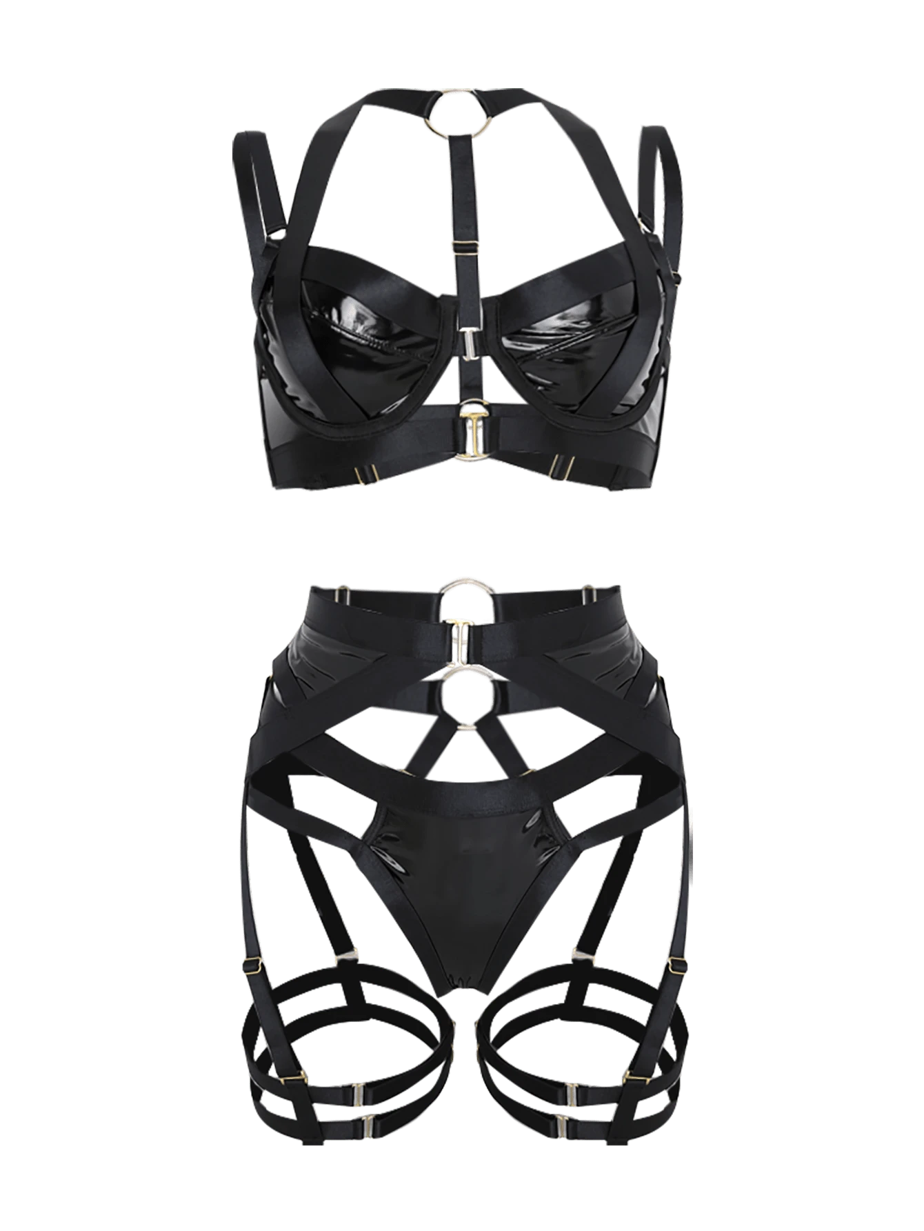 女士吊带文胸和内裤套装性感绷带内衣套装弹力吊带罩杯肩带文胸上衣网眼 - 黑皮 - 查看 1