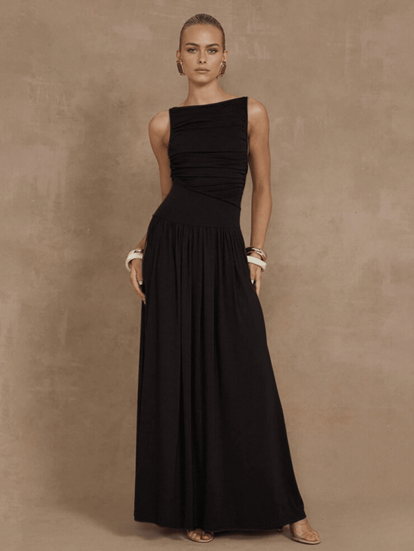 conciso Elegante ärmellose schwarze schlanke plissierte Damen Maxi Kleider mit Bootsausschnitt für Partys im Sommer